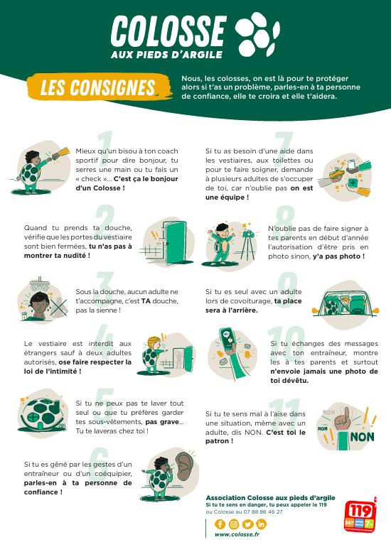Affiche « Les consignes » de Colosse aux pieds d’argile présentant des conseils illustrés pour prévenir les violences et protéger les pratiquants dans le sport.