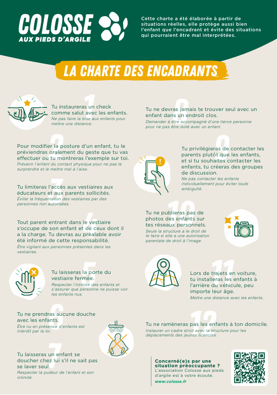 Affiche « La charte des encadrants » de Colosse aux pieds d’argile présentant les bonnes pratiques à adopter pour protéger les enfants et prévenir les violences dans le sport.