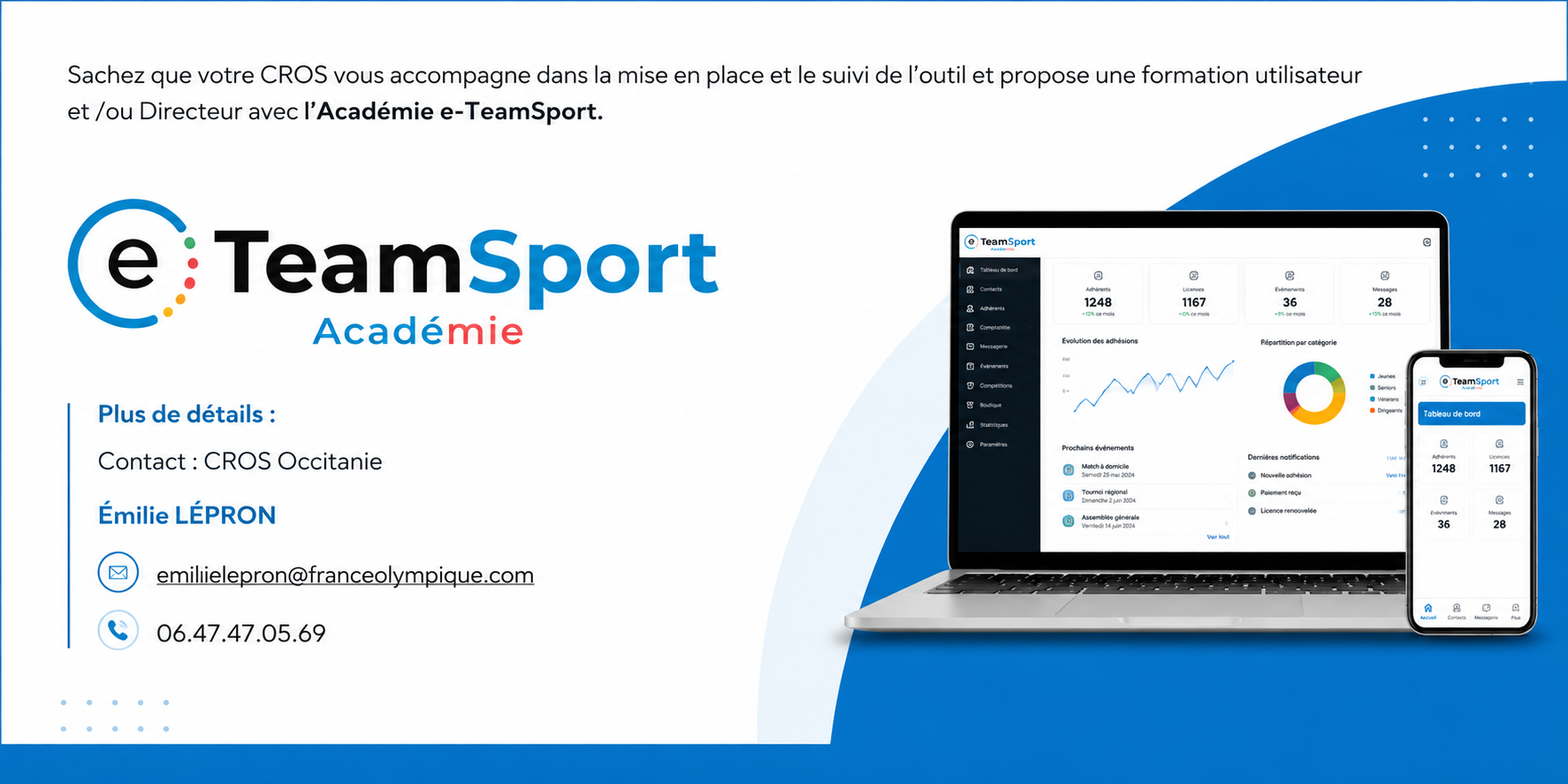 Visuel de présentation d'e-TeamSport Académie, avec son logo et un aperçu de la plateforme sur ordinateur et smartphone. Le CROS Occitanie propose un accompagnement à la prise en main et au suivi de l'outil.