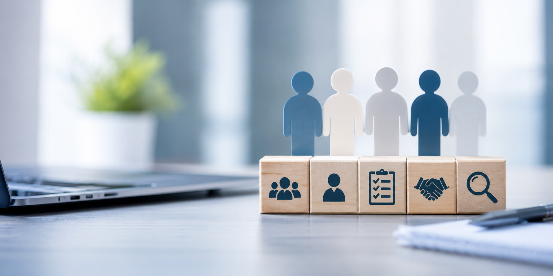 Illustration de la gestion des ressources humaines avec des silhouettes représentant une équipe et des pictogrammes symbolisant le recrutement, le suivi administratif et la collaboration.