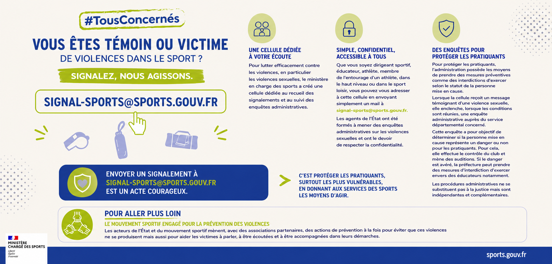 Infographie Signal-Sports expliquant comment signaler des violences dans le sport, les dispositifs d’écoute et d’accompagnement, ainsi que l’adresse de signalement signal-sports@sports.gouv.fr.