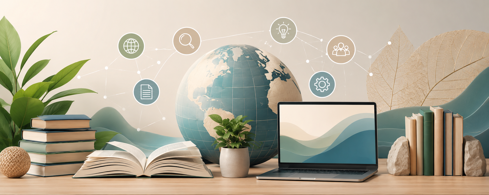 Illustration d’un espace de travail avec un ordinateur portable, un globe terrestre, des livres et des plantes, accompagnés d’icônes évoquant les ressources numériques, la connaissance et la formation.