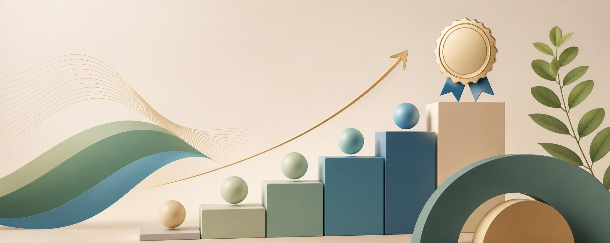 Illustration d'un graphique en escalier avec des sphères, une flèche ascendante et une médaille symbolisant la progression et la réussite.