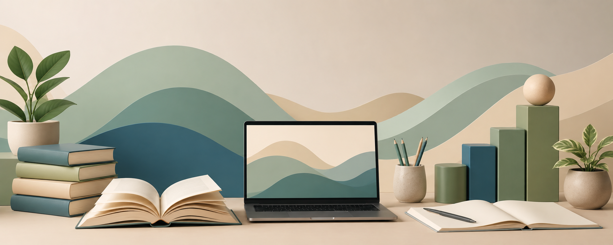 Illustration d'un espace d'apprentissage avec un ordinateur portable, des livres ouverts, des cahiers et des plantes, sur fond de formes ondulées vertes et bleues.