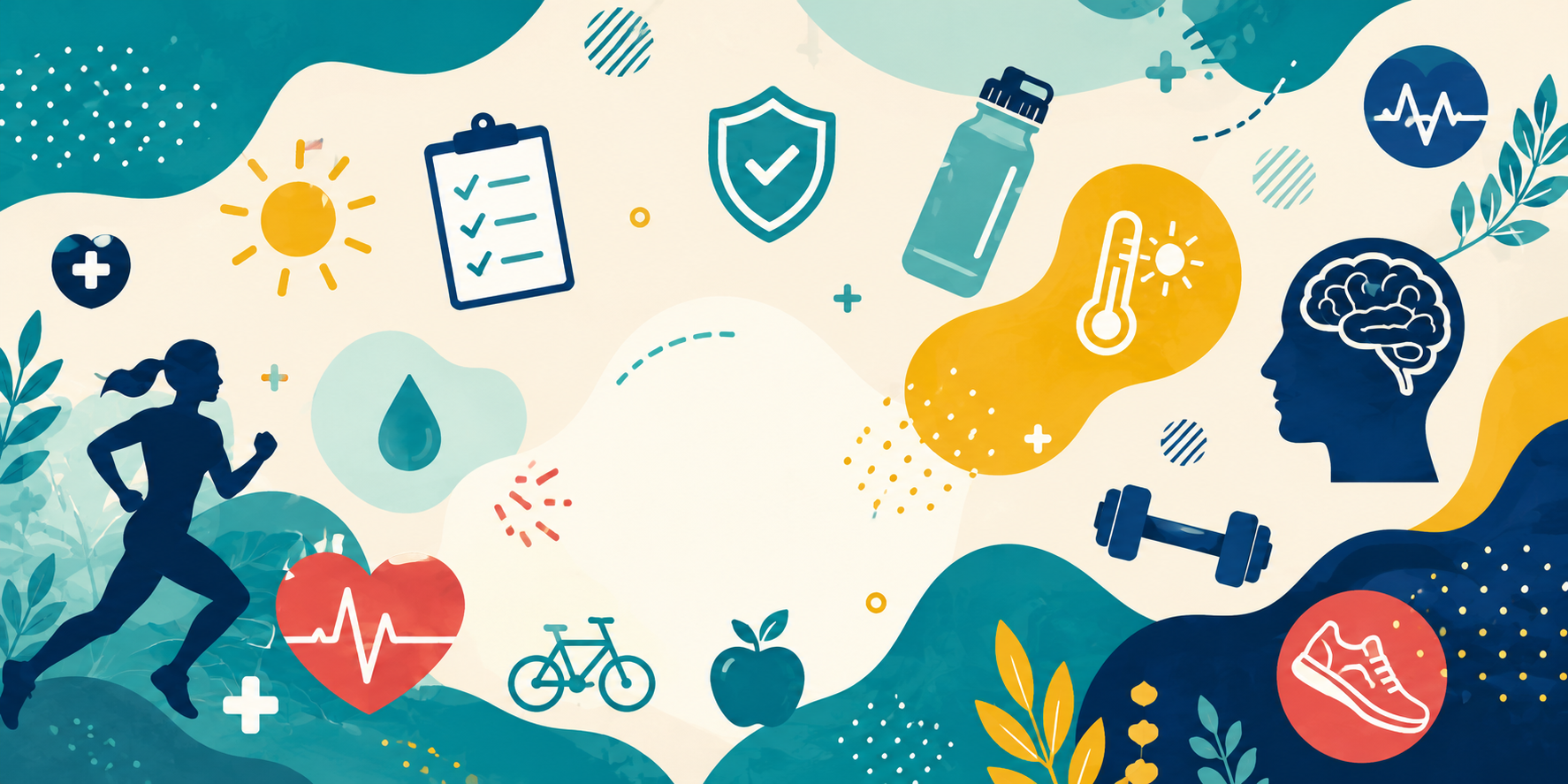 Bannière illustrée sur le sport-santé représentant un coureur et des pictogrammes liés à l'activité physique, à la santé mentale, à l'hydratation, à la prévention et au bien-être.