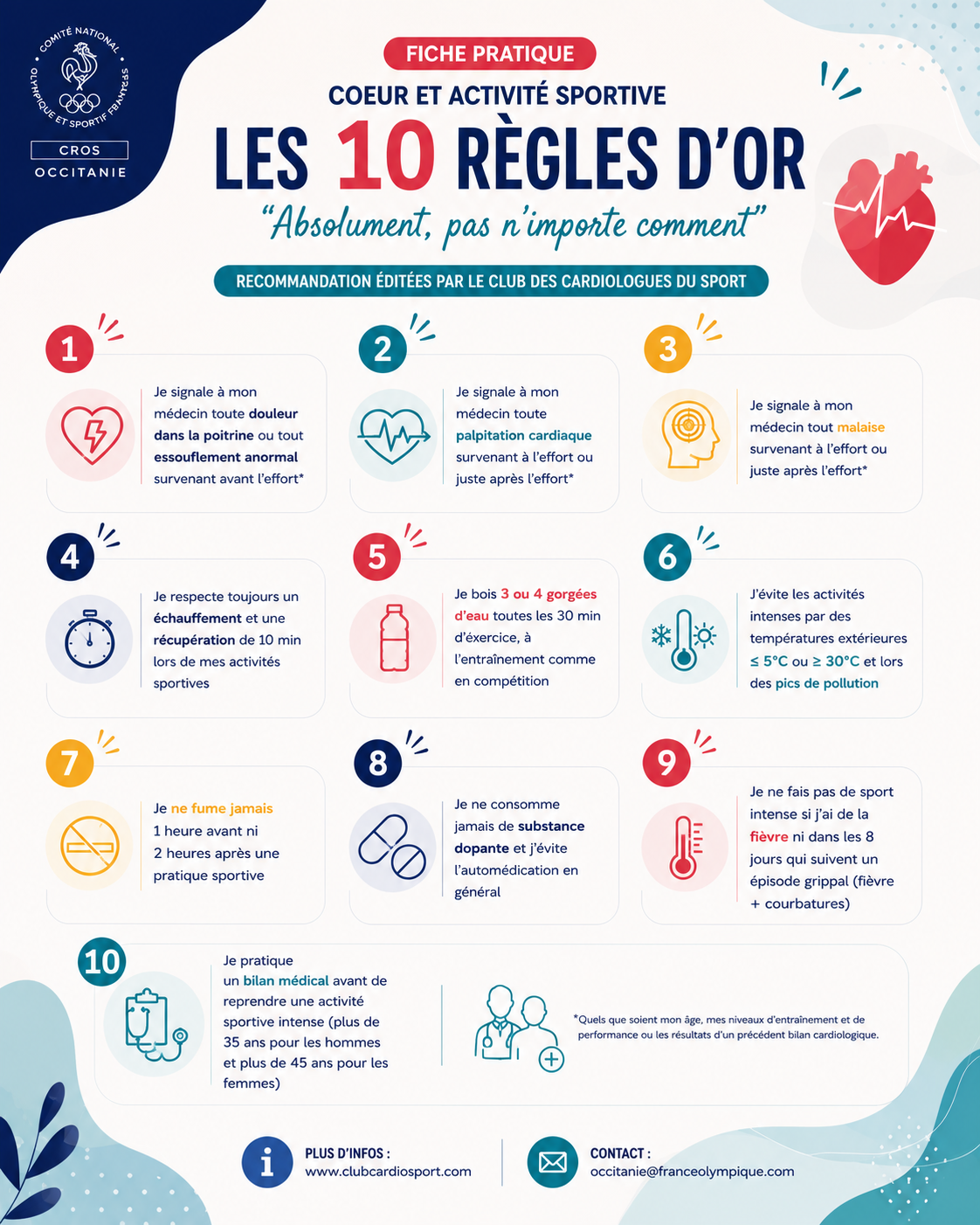 Fiche pratique du CROS Occitanie présentant les 10 règles d’or du Club des Cardiologues du Sport pour préserver sa santé cardiovasculaire lors de la pratique d’une activité sportive.