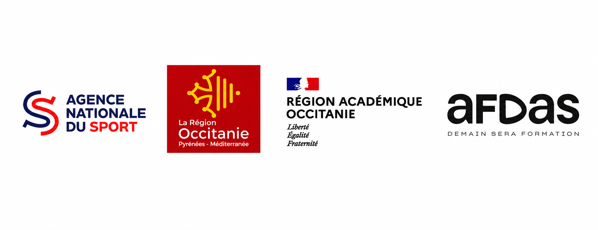 Logos des partenaires du CROS Occitanie : Agence nationale du Sport, Région Occitanie, Région académique Occitanie et AFDAS.