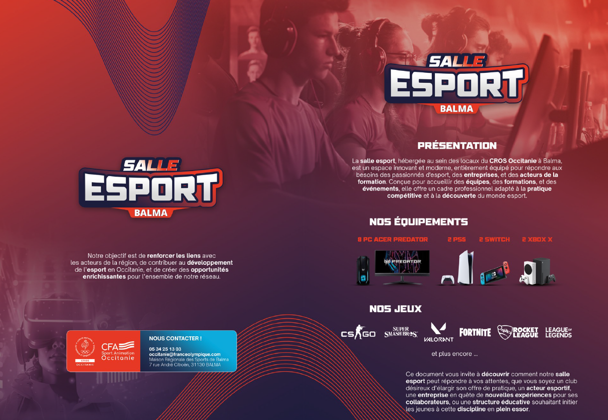 Plaquette de présentation de la salle e-sport de Balma du CROS Occitanie, présentant les équipements de jeu, les activités proposées et les partenaires du projet.