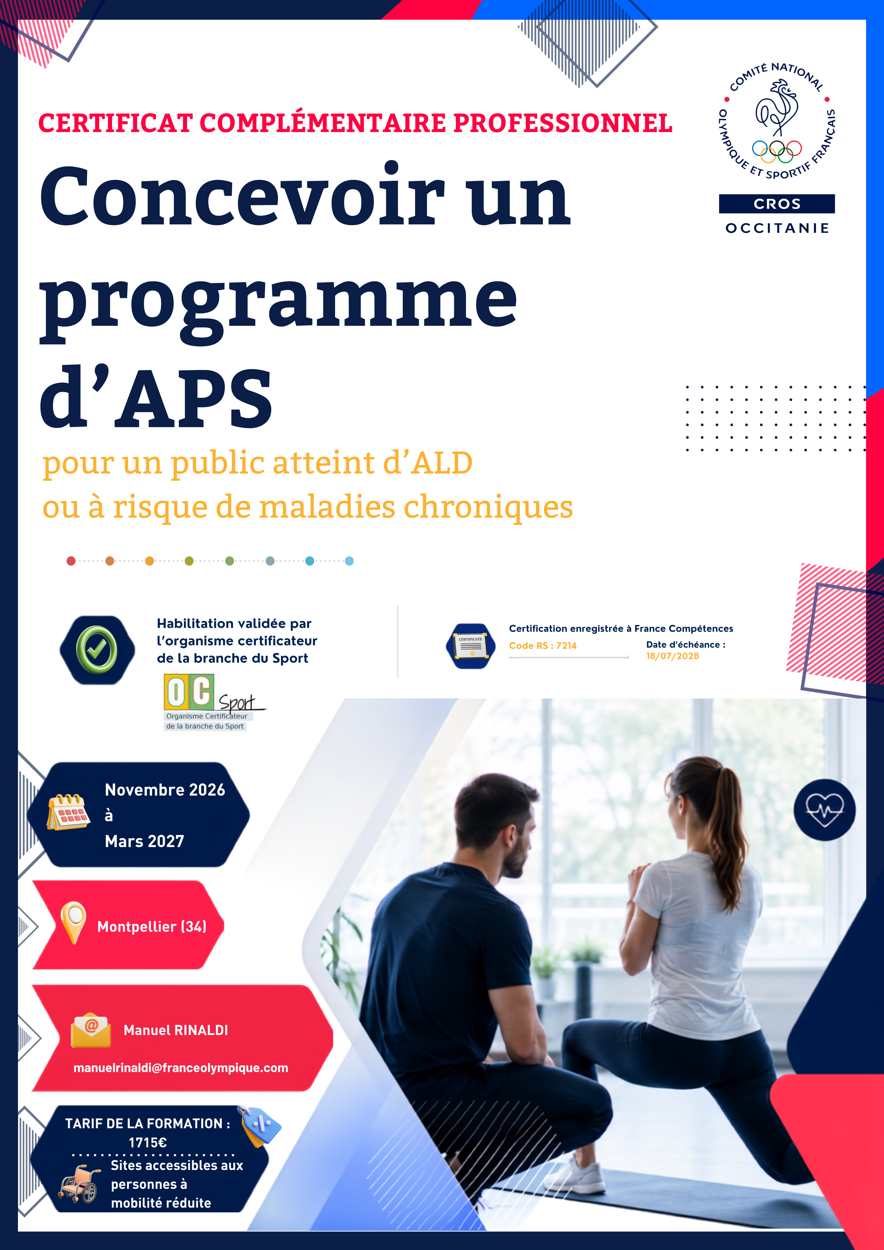 Affiche de la formation CCP Sport-Santé du CROS Occitanie à Montpellier, de novembre 2026 à mars 2027. Certificat complémentaire professionnel « Concevoir un programme d'activités physiques et sportives » pour les personnes atteintes d'une affection de longue durée ou à risque de maladies chroniques.