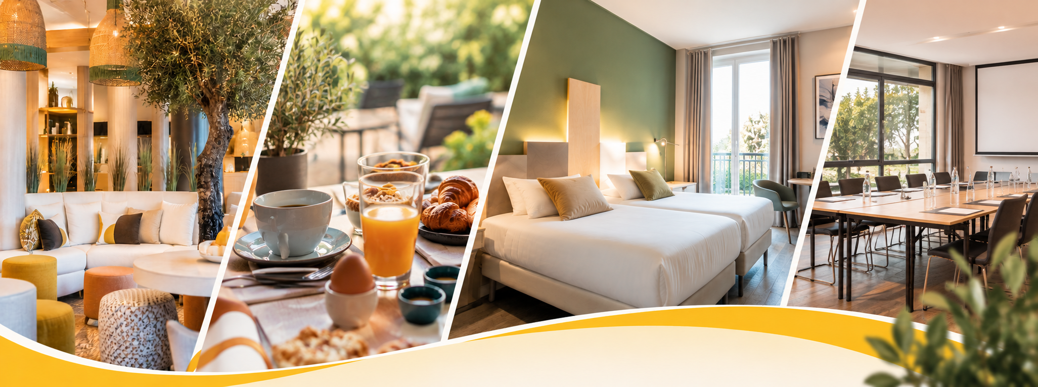 Bannière présentant plusieurs espaces hôteliers : un salon accueillant, un petit-déjeuner, une chambre confortable et une salle de restauration, pour illustrer les hébergements partenaires du CROS Occitanie.