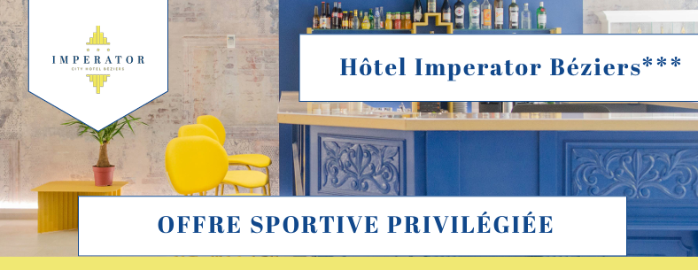 Bannière de l'Hôtel Imperator Béziers, établissement trois étoiles, présentant une offre sportive privilégiée. Visuel de l'espace d'accueil avec un comptoir bleu, des éléments décoratifs jaunes et le logo de l'hôtel.