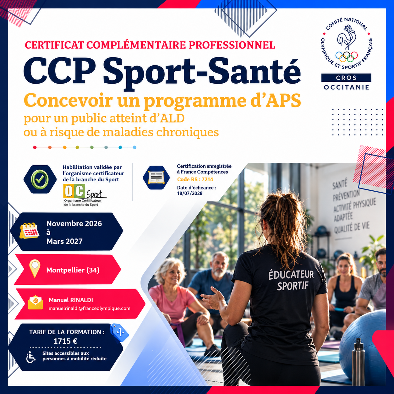 Affiche du CCP Sport-Santé du CROS Occitanie : formation « Concevoir un programme d'activités physiques et sportives » pour les personnes atteintes d'une affection de longue durée ou à risque de maladies chroniques. Session à Montpellier, de novembre 2026 à mars 2027.