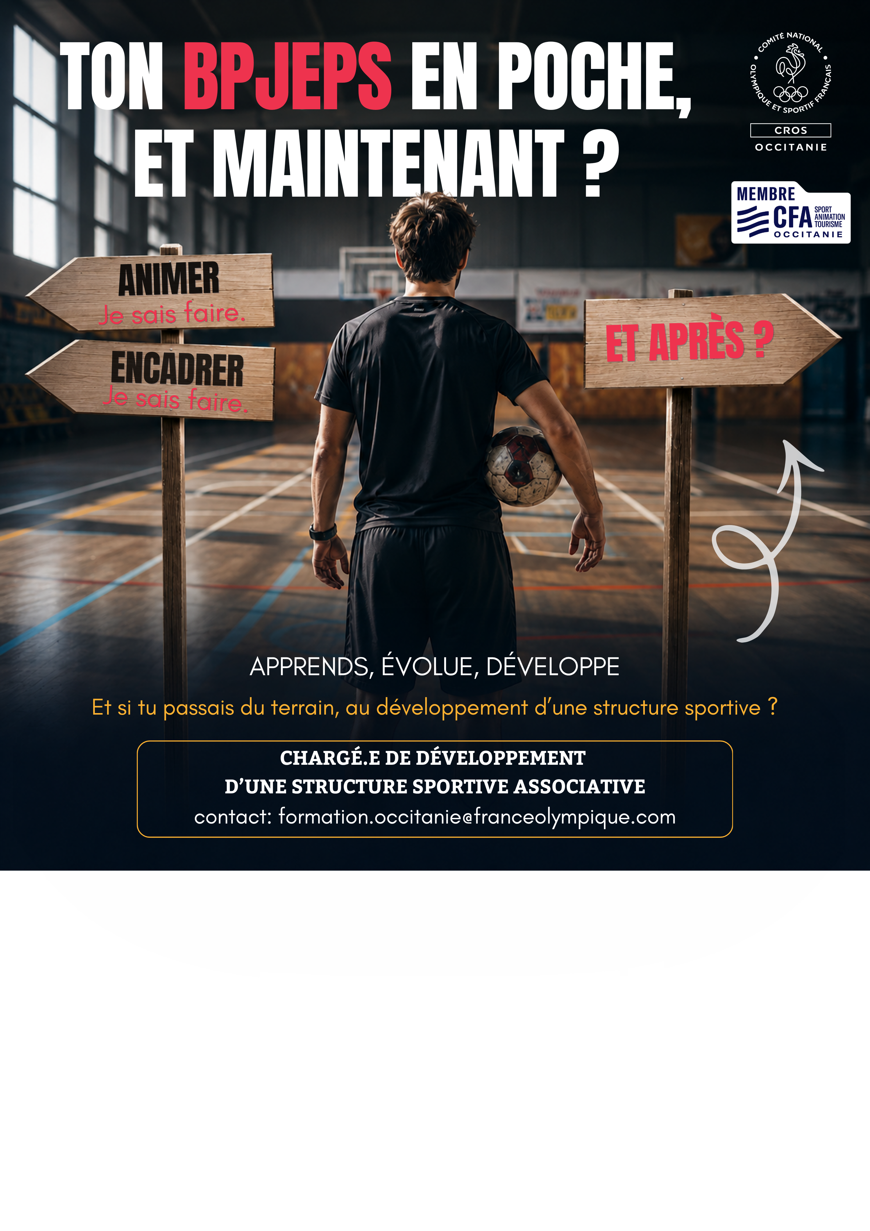 Affiche « Ton BPJEPS en poche, et maintenant ? ». Un éducateur sportif tenant un ballon se trouve face à plusieurs panneaux directionnels dans un gymnase. Le CROS Occitanie propose de poursuivre son parcours vers le développement d'une structure sportive associative grâce au TFP CDSSA.