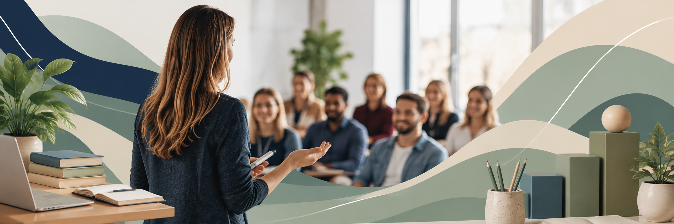 Une formatrice anime une session de formation devant un groupe de participants, dans un environnement professionnel illustré de formes graphiques aux couleurs douces.