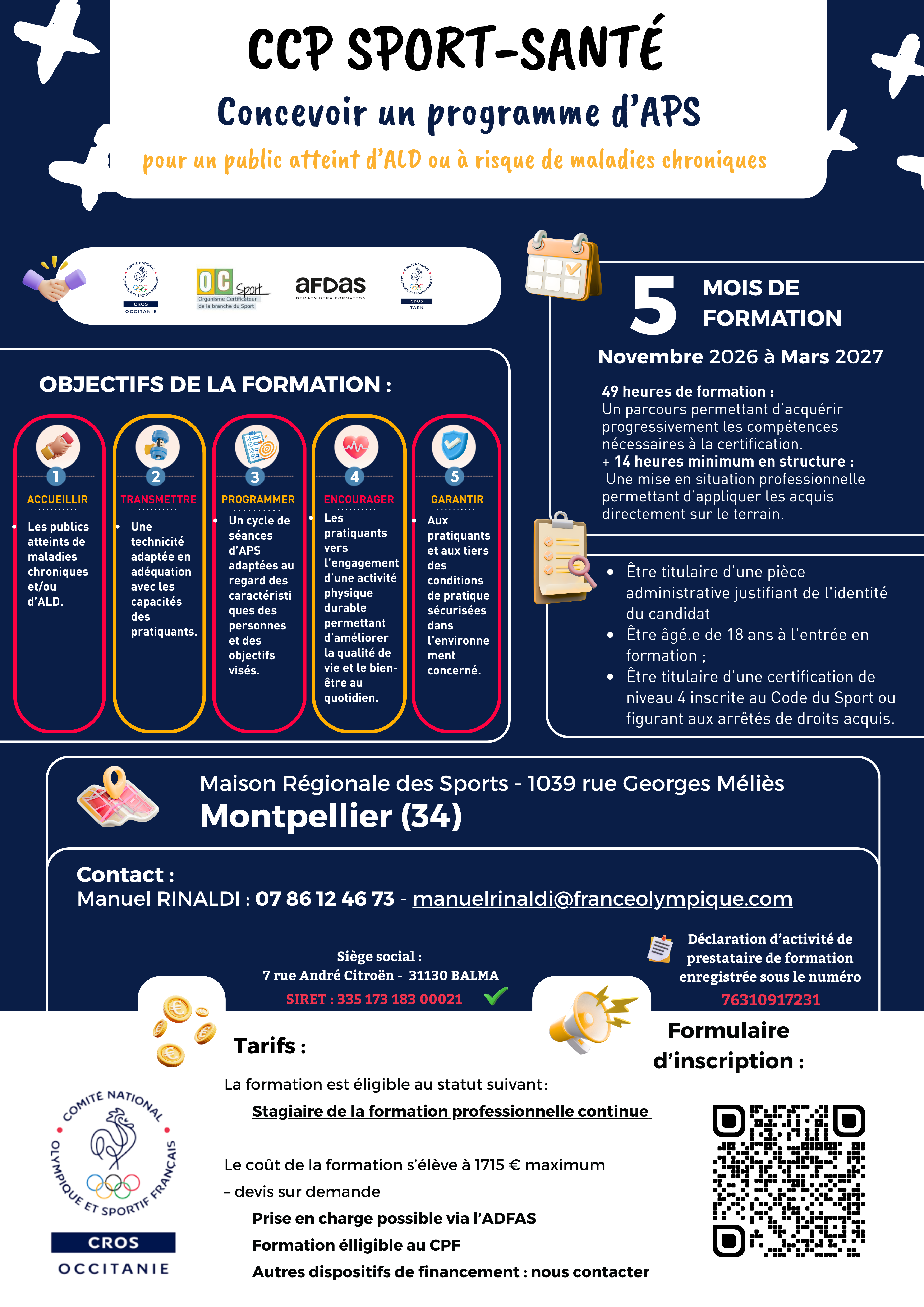 Affiche du CCP Sport-Santé du CROS Occitanie à Montpellier, de novembre 2026 à mars 2027. Formation pour concevoir un programme d'activités physiques et sportives adapté aux personnes atteintes d'une affection de longue durée ou à risque de maladies chroniques.