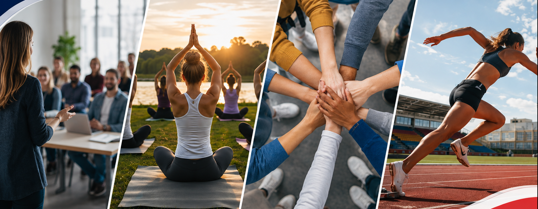 Montage de quatre photographies illustrant une réunion professionnelle, une séance de sport en plein air, un esprit d’équipe avec des mains réunies et une athlète courant sur une piste.