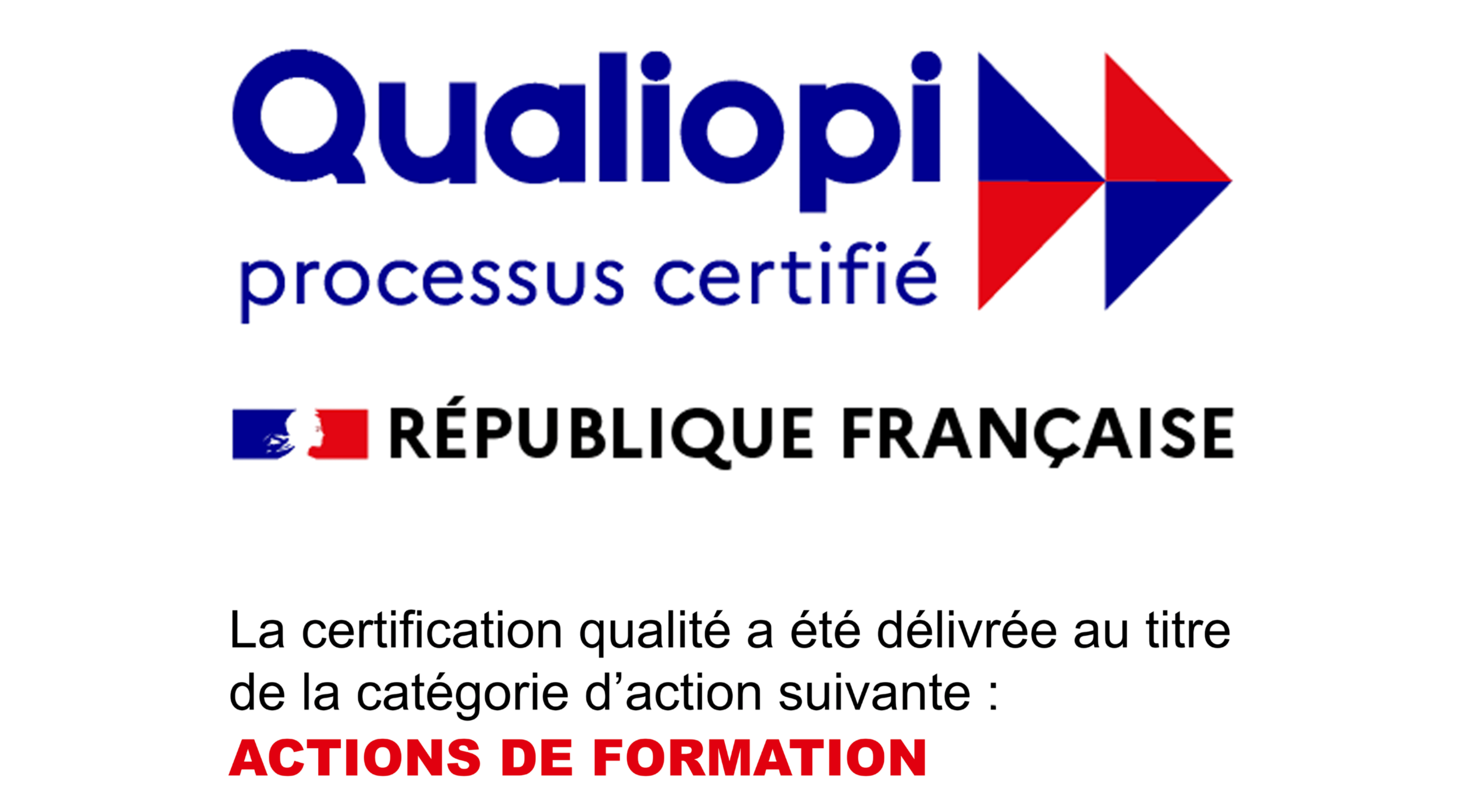 Logo Qualiopi « Processus certifié » de la République française, avec la mention « La certification qualité a été délivrée au titre de la catégorie d'action suivante : Actions de formation ».